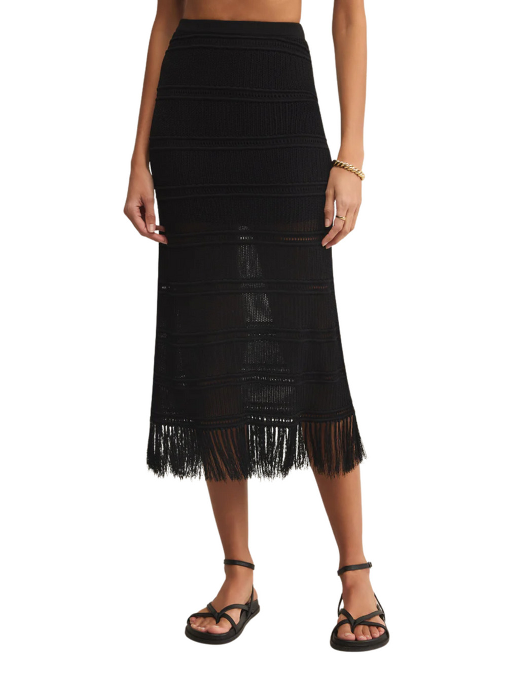 Z Supply Women Black Viscose Crochet Finley Fitted Boho Fringe Midi Skirt Size S